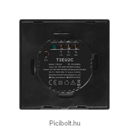 Sonoff Érintőfénykapcsoló WiFi + RF 433 T3 EU TX (2 csatornás) Fekete
